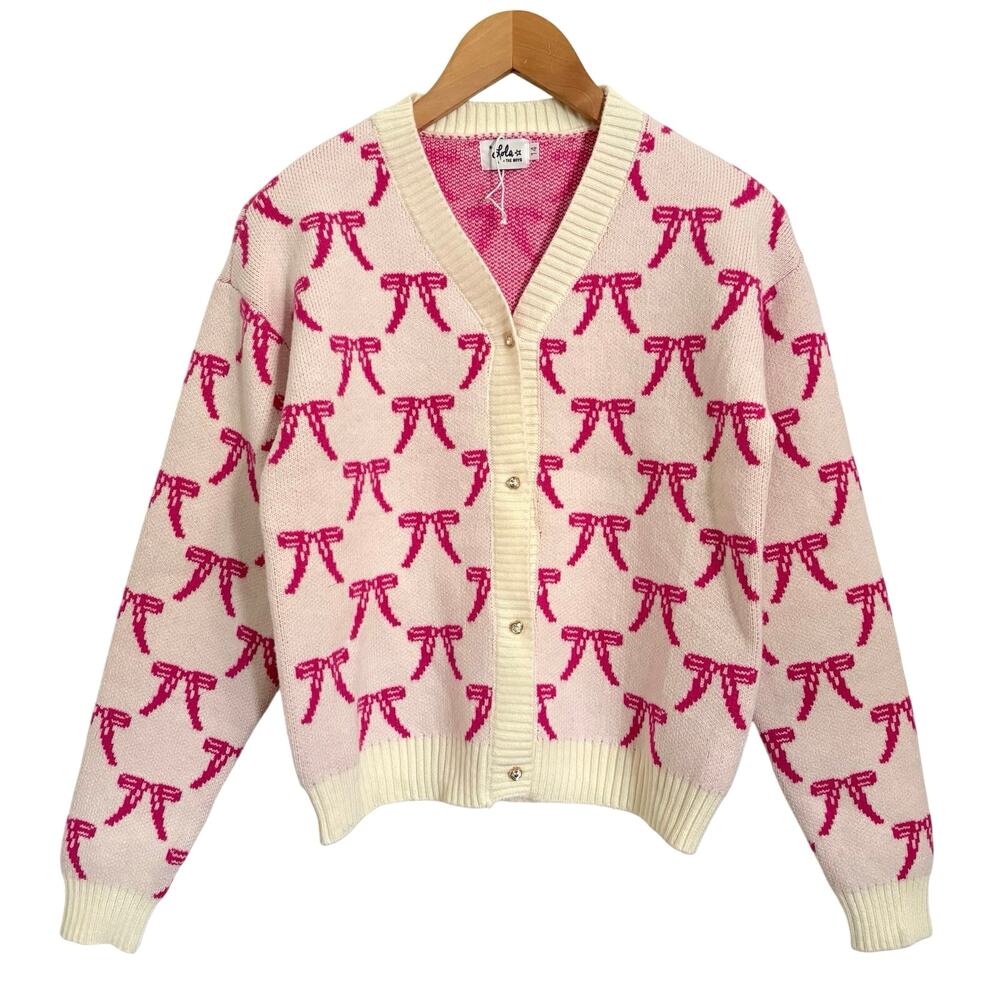 Lola And The Boys Pretty In Pink Bow Cardigan Heart Gem Buttons Girls 14 Preppy